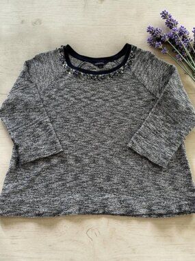 Lands End L 14-16 Blue White Sweater 3/4 Sleeve Jewel Neck Pullover‎